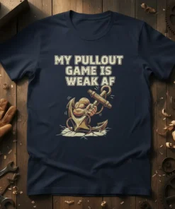 My Pullout Game Is Weak AF text with a muscular arm holding an anchor graphic on a navy blue t-shirt
