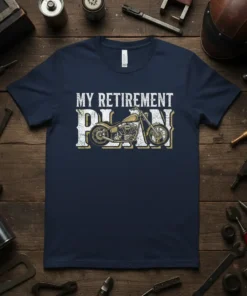 My Retirement Plan t-shirt design with a vintage motorcycle graphic and distressed text