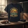 My Retirement Plan At The Race Track t-shirt with a jockey riding a horse and palm trees, vintage sunset design