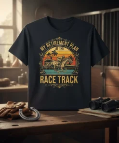 My Retirement Plan At The Race Track t-shirt with a jockey riding a horse and palm trees, vintage sunset design