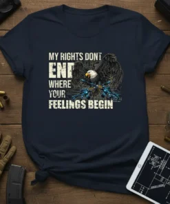 My Rights Dont End Where Your Feelings Begin quote with eagle and guns graphic on a navy t-shirt