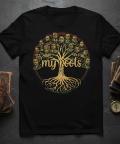 My roots tree design with faces of Black historical figures and intricate roots, symbolizing African American heritage and ancestry pride