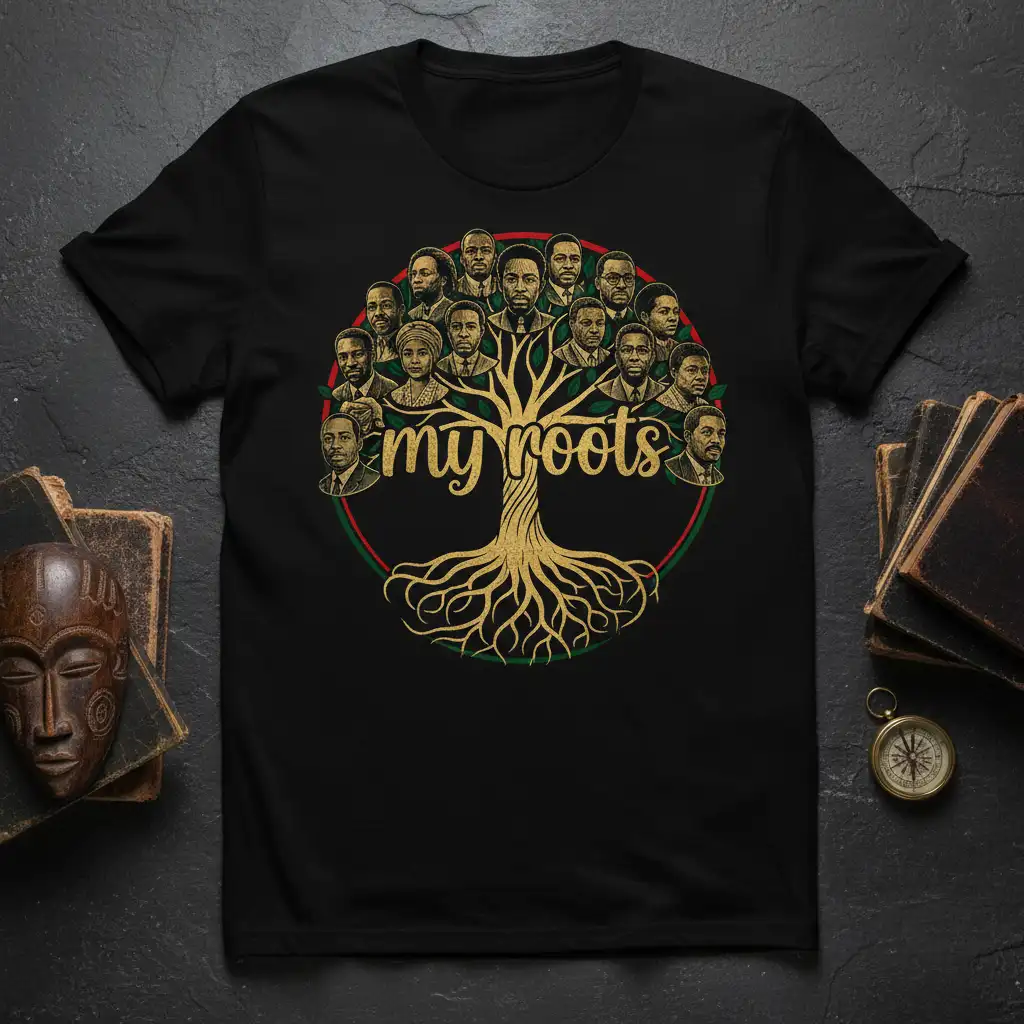 My roots tree design featuring portraits of Black historical figures, symbolizing ancestry and heritage pride