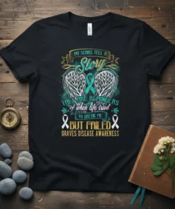 Graves Disease Awareness T-Shirt with quote "My Scars Tell a Story" and teal ribbon graphic