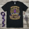 Black t-shirt with gold and purple text: "MY SCARS TELL A STORY Story THEY ARE REMINDERS of when life tried