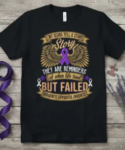 Black t-shirt with gold and purple text: "MY SCARS TELL A STORY Story THEY ARE REMINDERS of when life tried