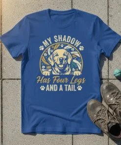 My Shadow Has Four Legs And A Tail t-shirt with golden retriever graphic and paw prints