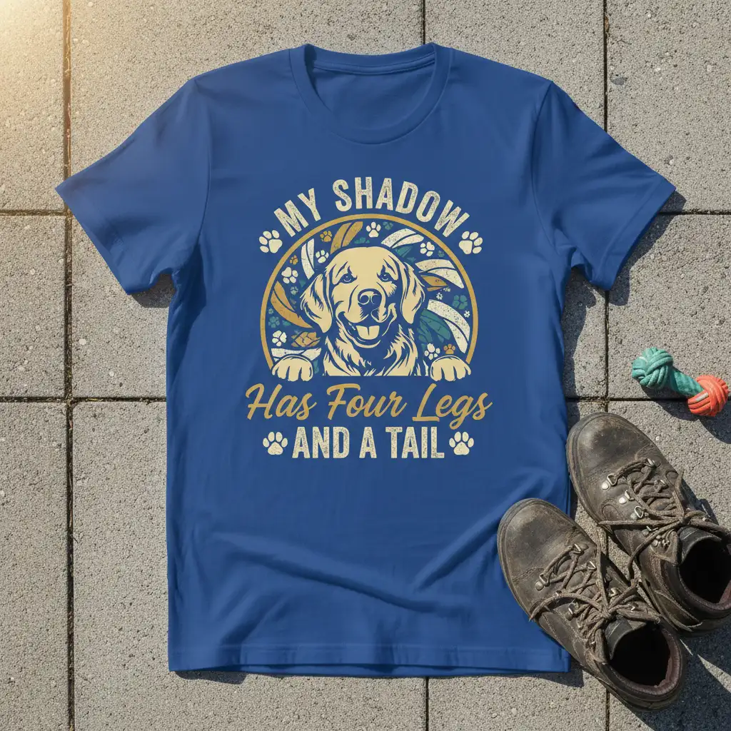 My Shadow Has Four Legs And A Tail quote on a blue t-shirt with a golden retriever graphic
