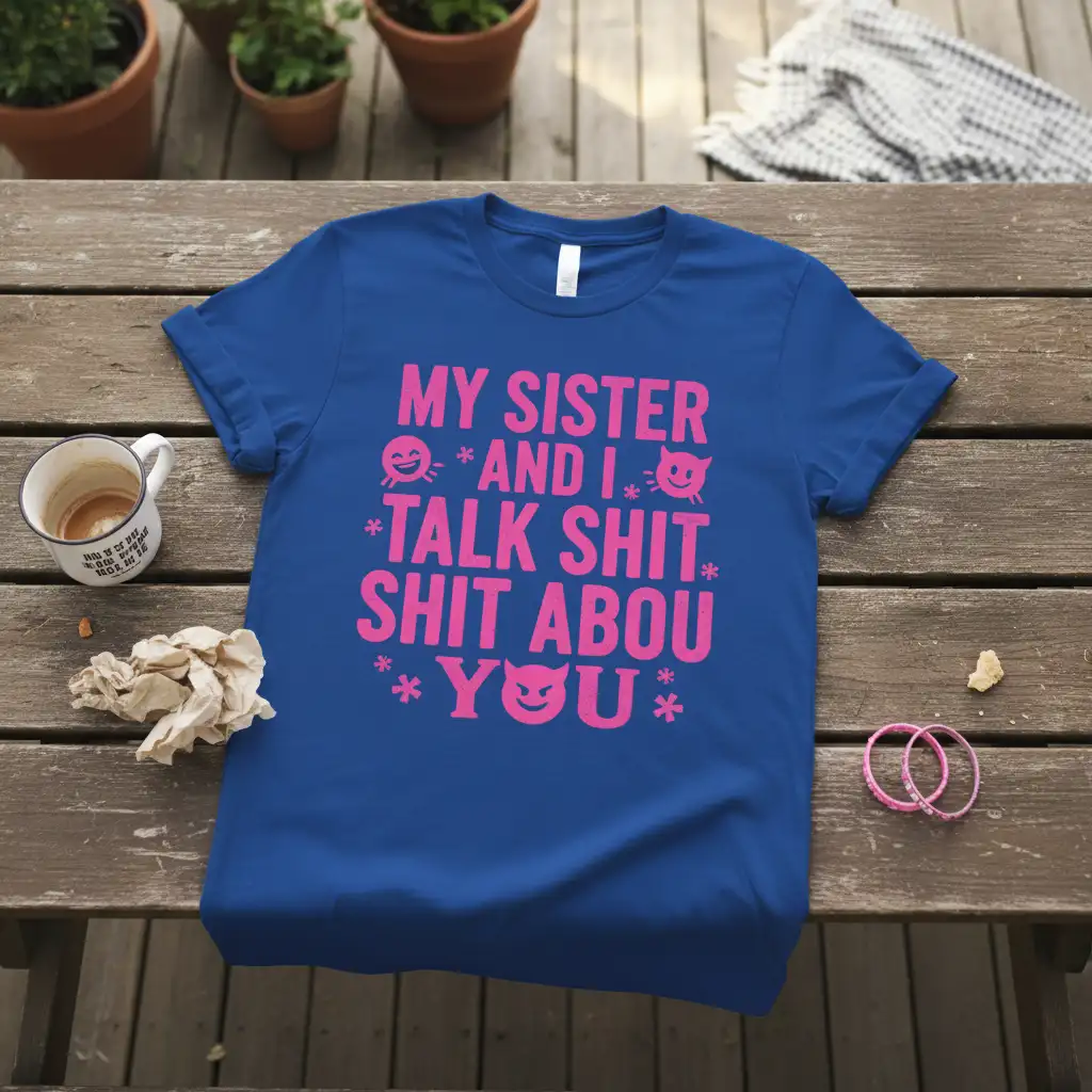 My Sister and I Talk Shit quote on a royal blue t-shirt with pink sassy graphics