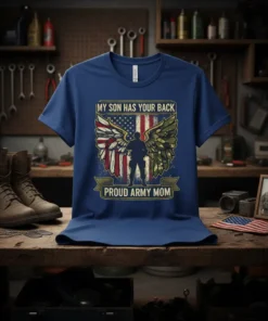 My Son Has Your Back Proud Army Mom T-Shirt design featuring silhouette soldier with patriotic wings