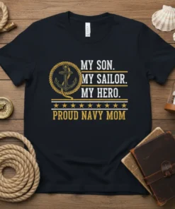 Proud Navy Mom T-Shirt with "My Son. My Sailor. My Hero." text and anchor graphic