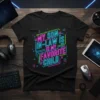Black t-shirt with neon "My Son-In-Law Is My Favorite Child" text in a geometric design