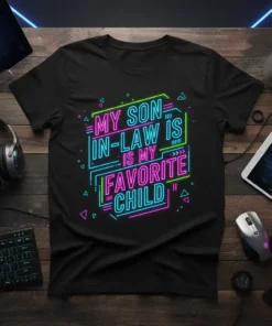 Black t-shirt with neon "My Son-In-Law Is My Favorite Child" text in a geometric design