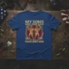 Proud Army Mom t-shirt with gold text "My Sons Have Your Back" and "Proud Army Mom" surrounding two soldiers in