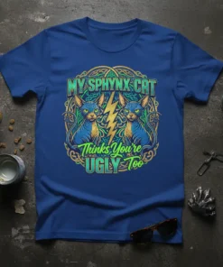My Sphynx Cat Thinks You're Ugly Too text on a royal blue t-shirt with two blue Sphynx cats and lightning