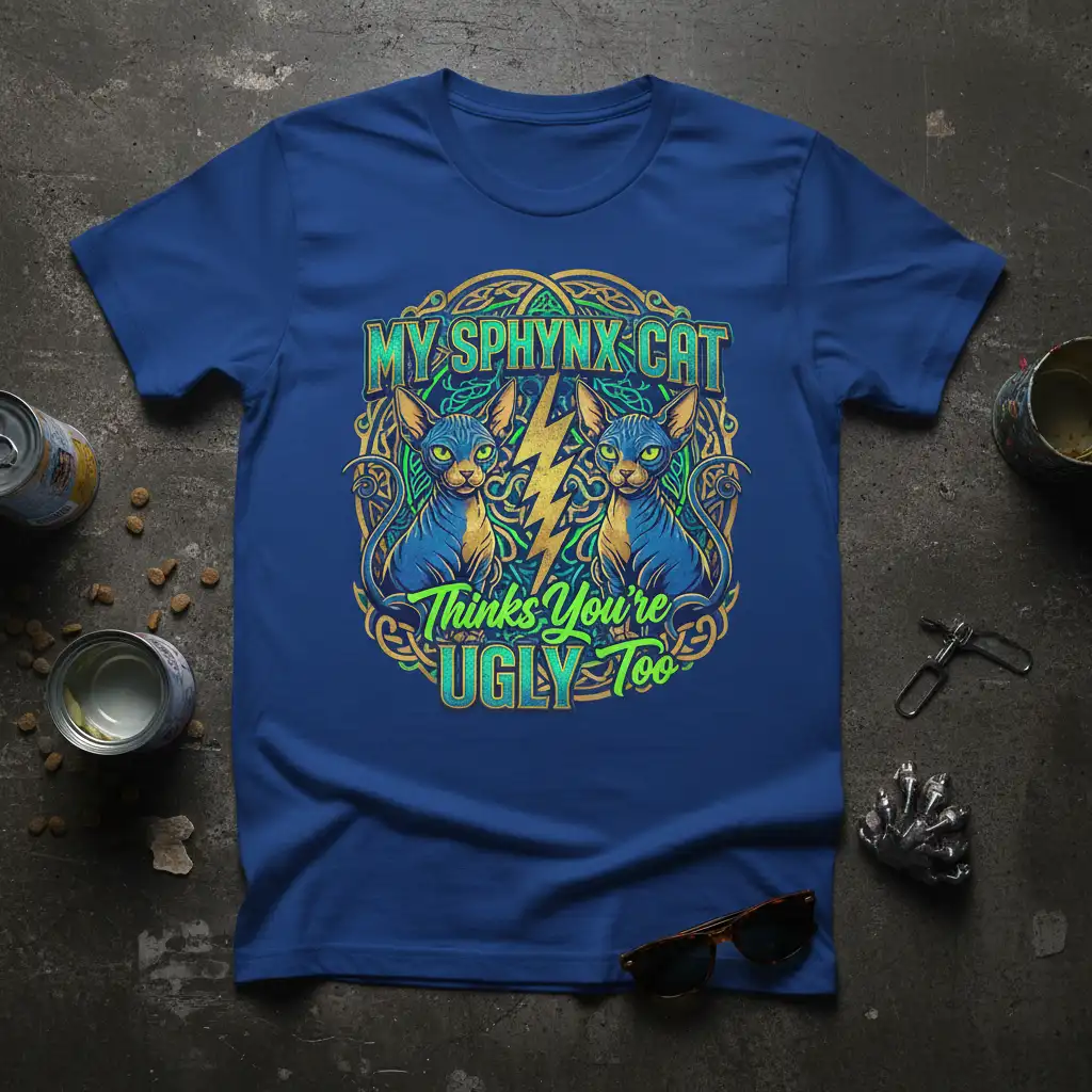 My Sphynx Cat Thinks You're Ugly Too quote with two Sphynx cats and lightning graphic on a blue t-shirt