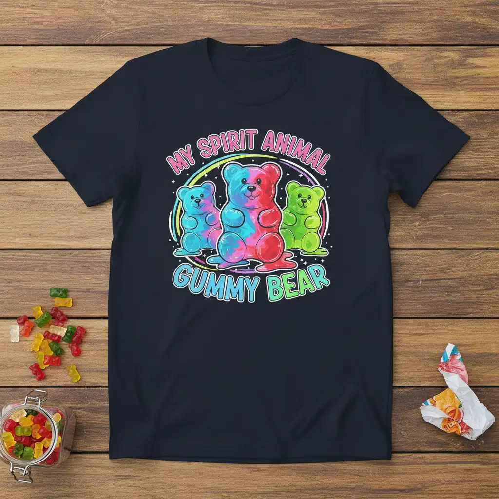 My Spirit Animal Gummy Bear graphic tee with colorful gummy bears and playful typography