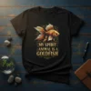 Goldfish graphic with "My Spirit Animal Is A Goldfish" text in golden font on a black t-shirt