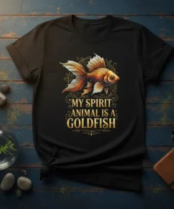 Goldfish graphic with "My Spirit Animal Is A Goldfish" text in golden font on a black t-shirt