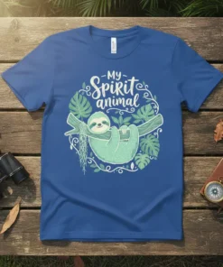 My Spirit animal sloth design on a blue t-shirt, featuring a cute sloth hanging from a branch with tropical leaves