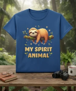 My Spirit Animal t-shirt design featuring a cute, smiling sloth hanging on a tree branch with leaves and fireflies