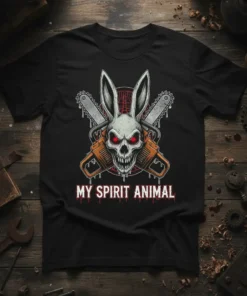 My Spirit Animal T-Shirt with a creepy bunny skull and crossed chainsaws, red eyes, white text
