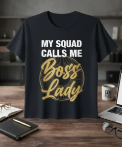 My Squad Calls Me Boss Lady t-shirt with bold white text and a golden circular graphic featuring "Boss Lady" in