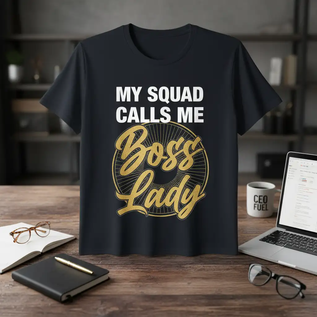 My Squad Calls Me Boss Lady quote on a black t-shirt with a golden circular graphic, perfect for female entrepreneurs