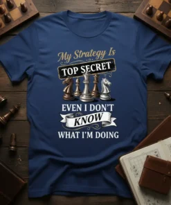 Chess t-shirt with "My Strategy Is TOP SECRET EVEN I DON'T KNOW WHAT I'M DOING" text and chess pieces graphic