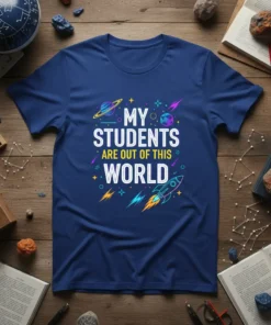 My Students Are Out Of This World quote on a navy blue t-shirt with space graphics like planets and rockets