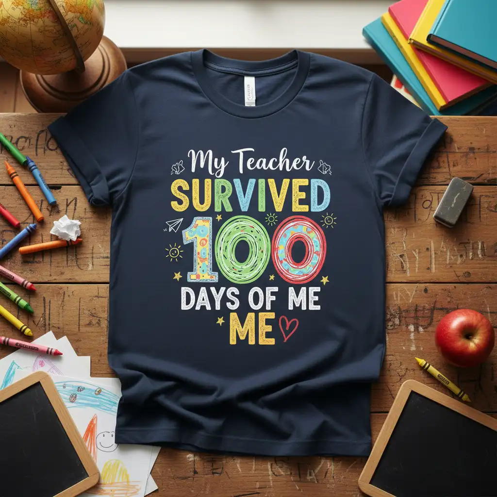 My Teacher SURVIVED 100 DAYS OF ME ME ♡ quote with playful graphics on a navy blue shirt