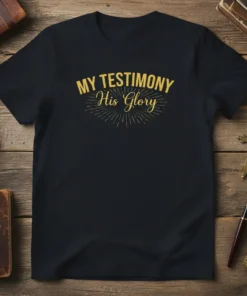 My Testimony His Glory Christian T-Shirt with golden yellow text and sunburst graphic