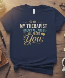 Navy blue t-shirt with "My Therapist Knows All About All About You" text in white and gold, featuring a small