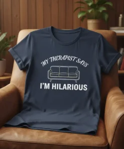 Navy t-shirt with white text "My Therapist Says I'm Hilarious" and a graphic of a couch
