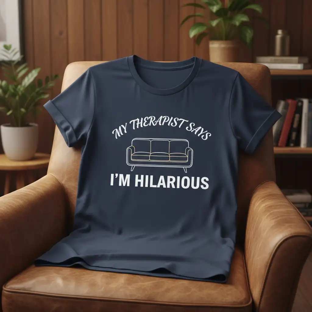 My Therapist Says I'm Hilarious quote t-shirt with couch graphic in white text