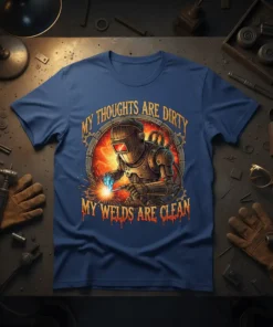 My Thoughts Are Dirty My Welds Are Clean t-shirt design featuring a welder character with sparks and rustic typography