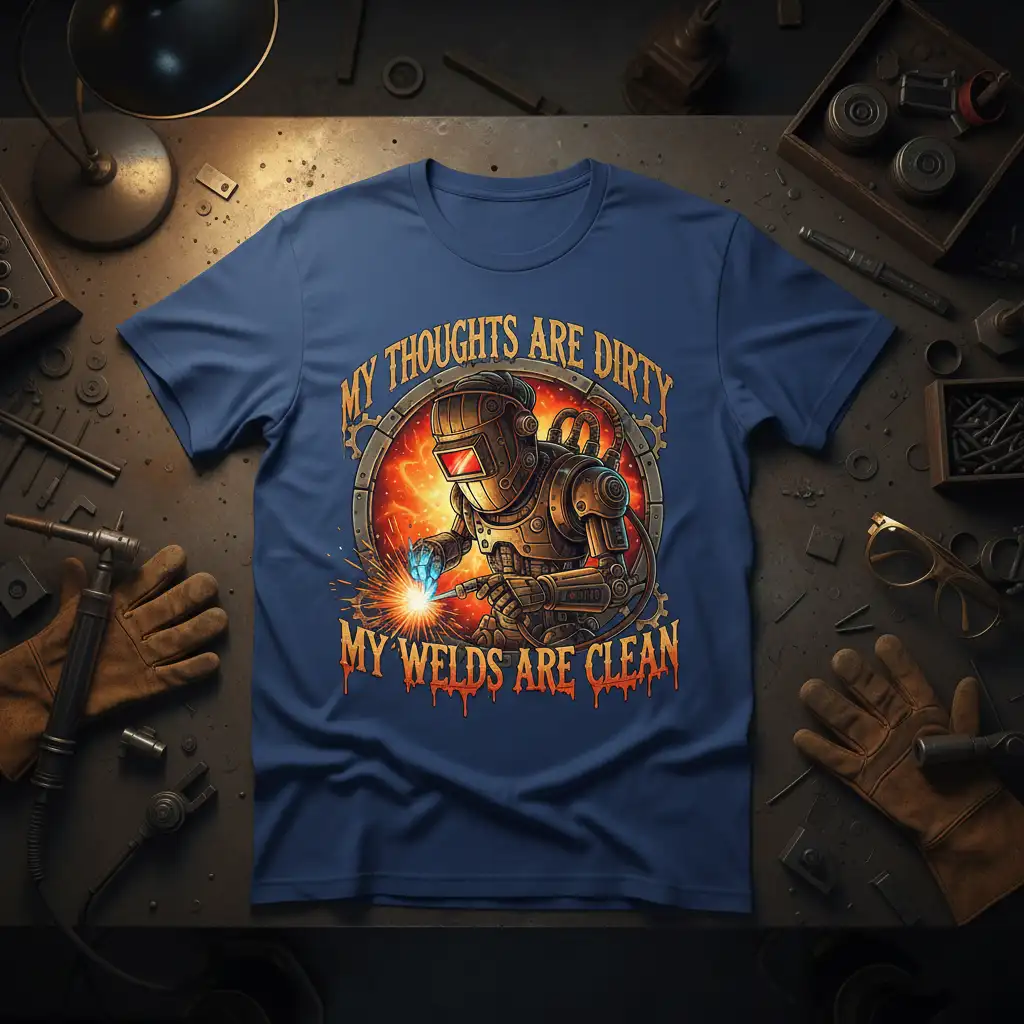 My Thoughts Are Dirty My Welds Are Clean quote with welder graphic on a dark blue t-shirt