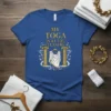 My Toga Is At The Cleaners funny quote t-shirt with Greek columns and a toga on a hanger