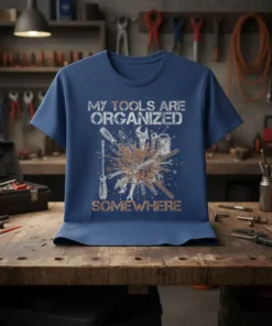 My Tools Are Organized Somewhere t-shirt design featuring scattered tools and distressed text
