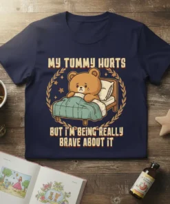 Navy t-shirt with "My Tummy Hurts But I'm Being Really Brave About It" text and a cartoon bear in bed