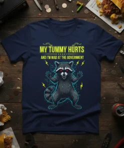 My Tummy Hurts And I'm Mad At The Government T-Shirt with a distressed raccoon graphic and lightning bolts
