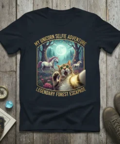 My Unicorn Selfie Adventure Legendary Forest Escapade t-shirt with a cat taking a selfie with unicorns in a forest