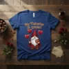 My Valentine IS GNOME text design with a cute gnome holding balloons and a gift