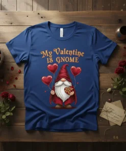 My Valentine IS GNOME text design with a cute gnome holding balloons and a gift