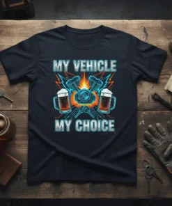 My Vehicle My Choice t-shirt design with engine and beer mugs graphic, bold lettering, and lightning accents
