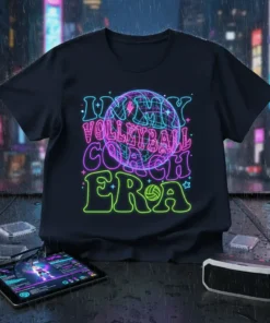 Neon style graphic t-shirt with text "My Volleyball Coach Era" and a volleyball graphic