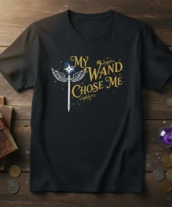 Black t-shirt with gold text "My Wand Chose Me" and a white magical wand graphic with wings