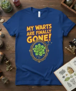 My Warts Are Finally Gone! quote with a green succulent in a decorative frame on a royal blue t-shirt