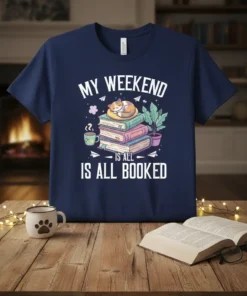 My Weekend Is All Booked text with a cute cat sleeping on books graphic on a navy t-shirt