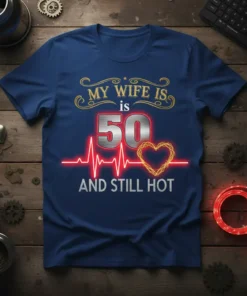 My Wife Is 50 And Still Hot text with 50 in large font, heartbeat line, and heart graphic on a